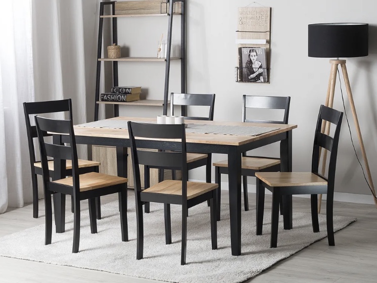 Set da pranzo Georgia 6 posti legno/nero — комплект на шесть человек с массивным деревянным столом с тёмно-черными ножками и стульями в том же дизайне