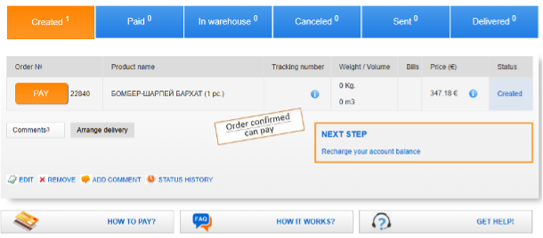 Example of Confirmed Order Status