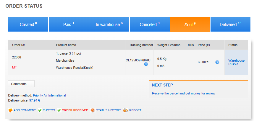 example of how your order appears after delivery confirmation